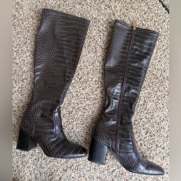 Franco Sarto Dark Brown Croc-Embossed Knee High Boots - Picture 2 of 5